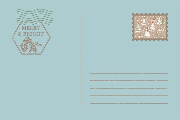 Plantilla de postal y sobre de correo aéreo vintage Textura grunge goma de sello de navidad con símbolos de vacaciones en colores tradicionales Lugar para el texto de saludo