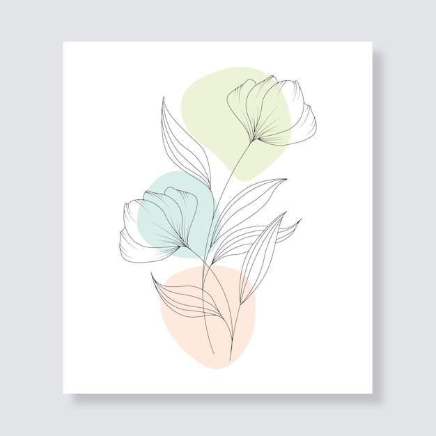 Plantilla de póster de arte de línea de hojas de flores botánicas minimalistas de dibujo de una línea