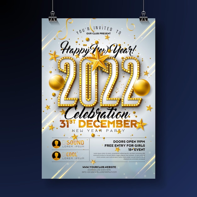 Vector plantilla de póster de celebración de fiesta de año nuevo 2022 con número de bombilla y bola de navidad dorada