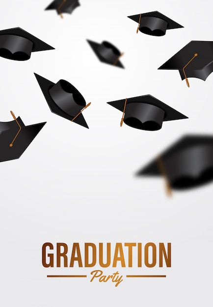 Plantilla de póster de ceremonia de fiesta de graduación de lujo con lanzamiento de gorras de graduación al aire