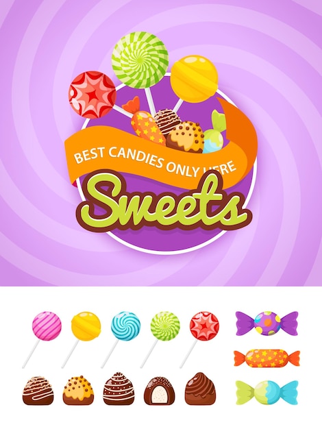 Plantilla de póster colorido con colección de dulces Etiqueta de alimentos con dulces