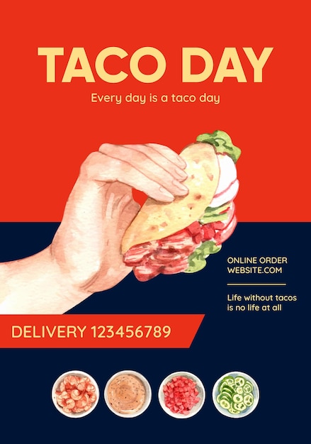 Plantilla de póster con concepto de día de taco estilo acuarela.