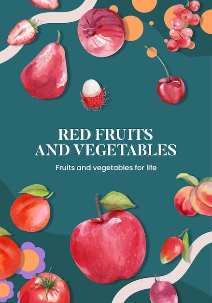 Plantilla de póster con concepto de frutas rojas y vegetales estilo acuarela.