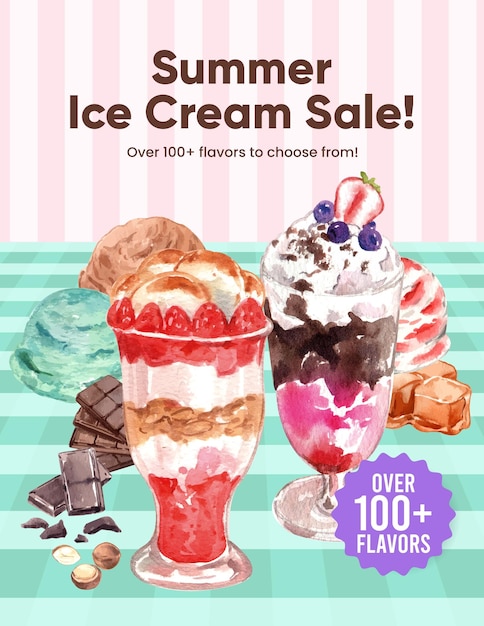 Vector plantilla de póster con concepto de helado sundae estilo acuarela