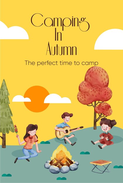 Plantilla de póster con concepto de picnic de campamento de otoño estilo acuarela