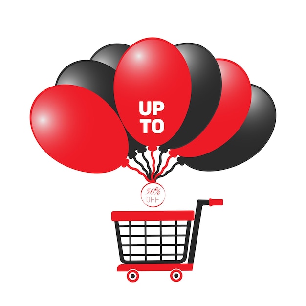 Plantilla de póster de descuento moderno con globos 3d y carrito de compras