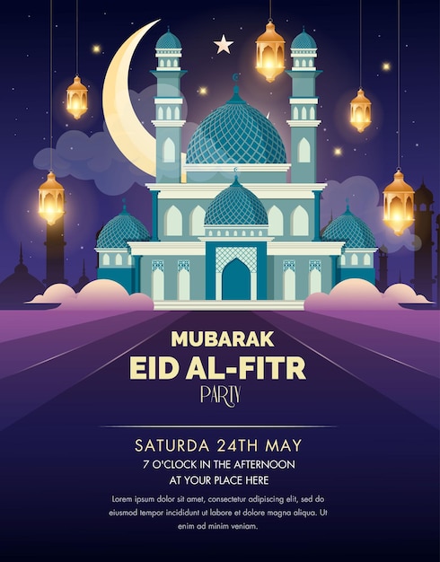 Plantilla de póster de Eid arquitectura musulmana elegante de la noche