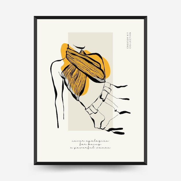 Plantilla de póster estético minimalista abstracto con líneas finas, motivos florales, plantas, mujer.