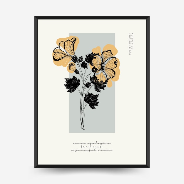 Plantilla de póster estético minimalista abstracto con líneas finas, motivos florales, plantas, mujer.