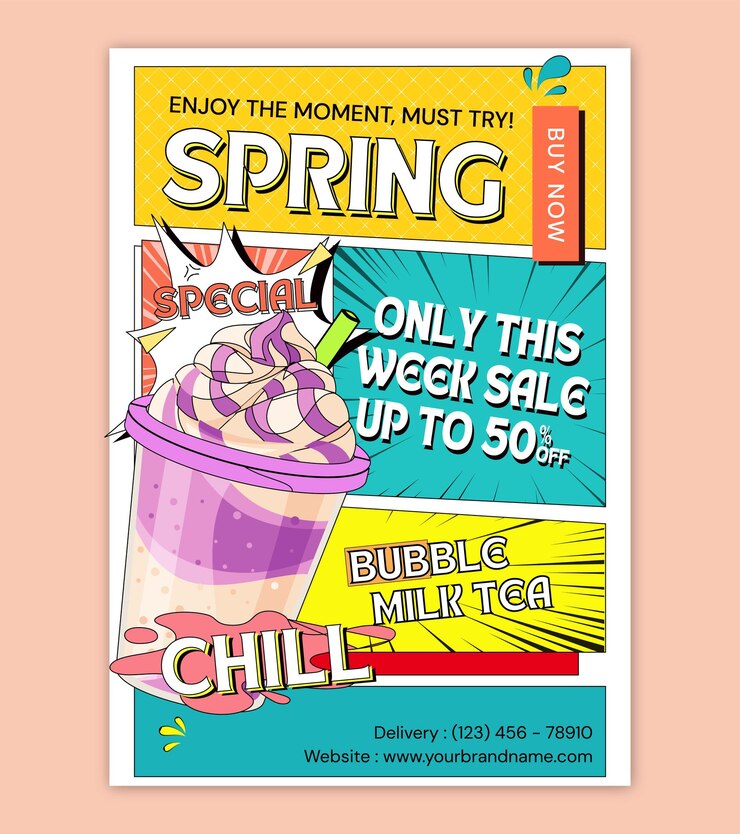 plantilla de póster de estilo cómico de té de burbuja de primavera vectorial