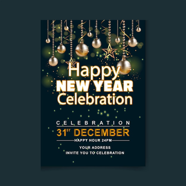 Plantilla de póster de Feliz Año Nuevo con ilustración de celebración de la fiesta