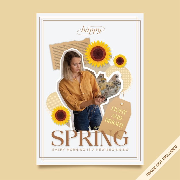 Vector plantilla de póster de feliz primavera con girasol y foto