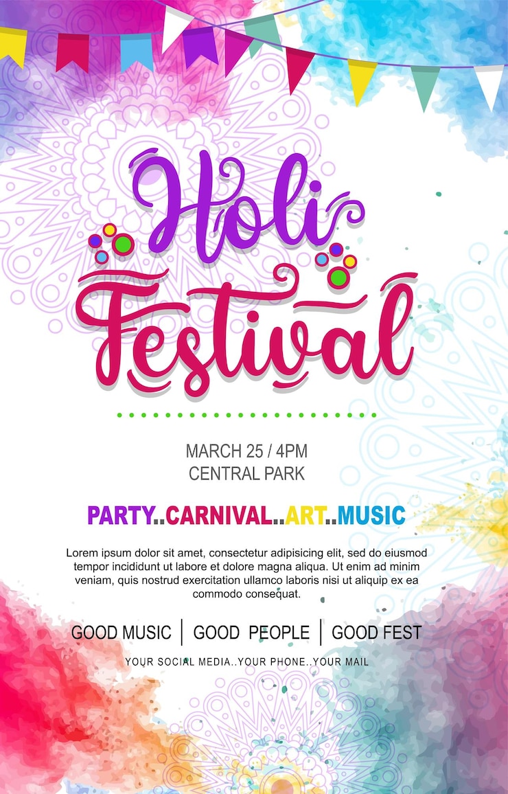 Vector plantilla de póster del festival de holi en acuarela