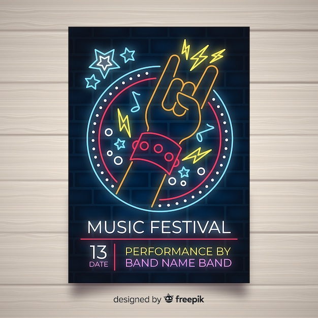 Vector plantilla de póster de festival de música con luz neón