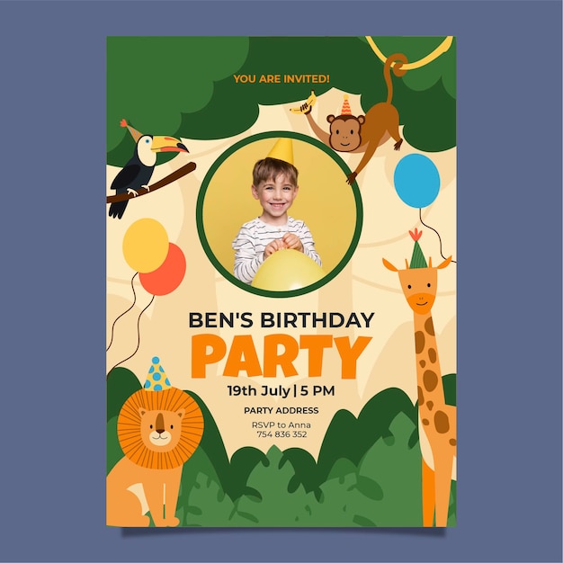 Vector plantilla de póster de fiesta de cumpleaños infantil de selva plana