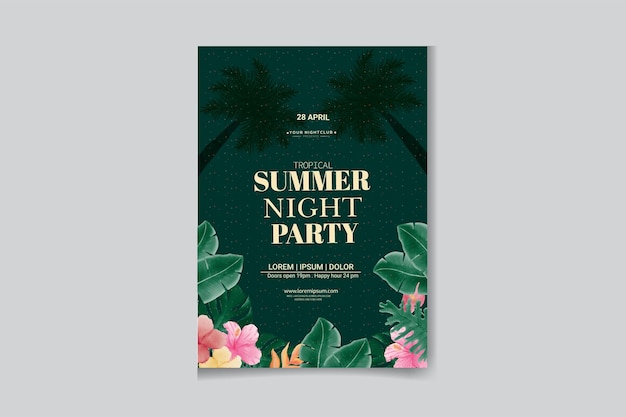 Plantilla de póster de fiesta de noche de verano en acuarela con hojas y flores