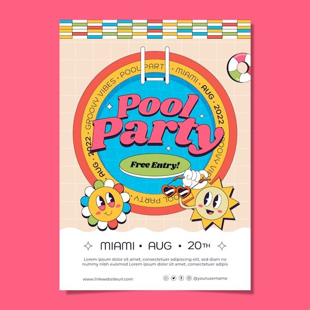 Plantilla de póster de fiesta en la piscina dibujada a mano