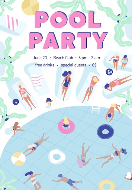 Plantilla de póster de fiesta en la piscina de verano con personas vestidas con trajes de baño, nadando y tomando el sol en el resort.