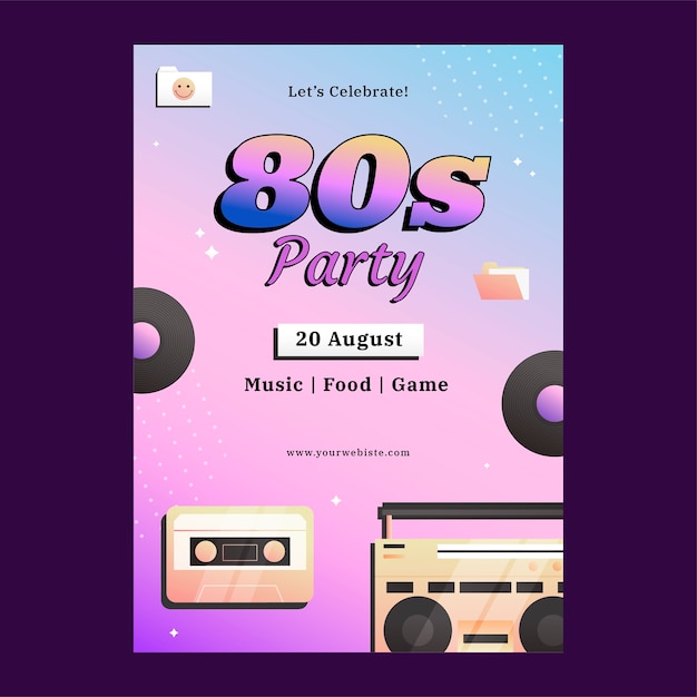 Plantilla de póster de fiesta temática de degradado de los años 80