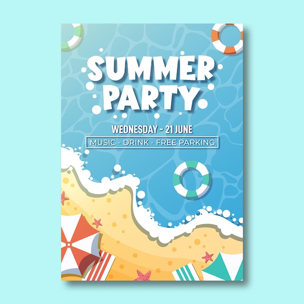 Plantilla de póster de fiesta de verano vectorial en diseño plano