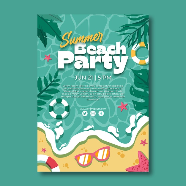 Plantilla de póster de fiesta de verano vectorial en diseño plano