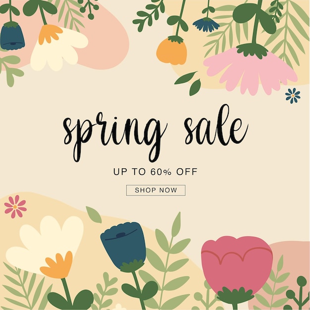 Plantilla de póster de fondo de venta de primavera fondo abstracto vectorial con hojas y flores coloridas