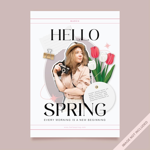 Vector plantilla de póster de hola primavera con flor de tulipanes y foto