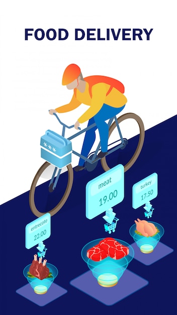 Plantilla de póster isométrico de entrega de productos alimenticios