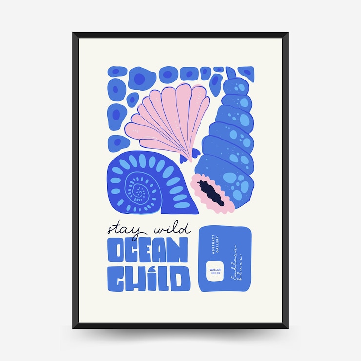 Vector plantilla de póster del mundo submarino, océano, mar, peces y conchas. estilo minimalista matisse