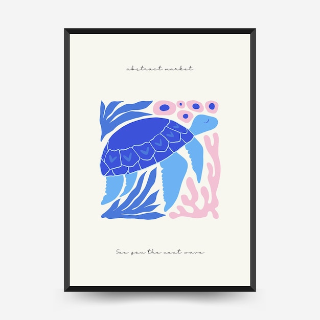 Plantilla de póster del mundo submarino, océano, mar, peces y conchas. Estilo minimalista Matisse