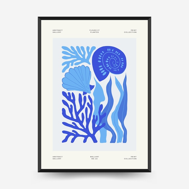 Plantilla de póster del mundo submarino, océano, mar, peces y conchas. Estilo minimalista Matisse
