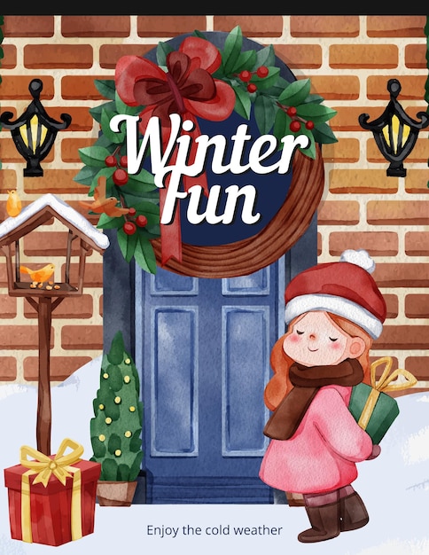 Plantilla de póster con niños que disfrutan del estilo de acuarela de concepto de invierno