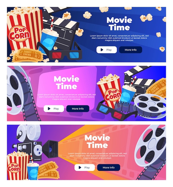 Plantilla de póster de película Banner con la imagen de elementos de cine Festival de cine en línea Ilustración vectorial