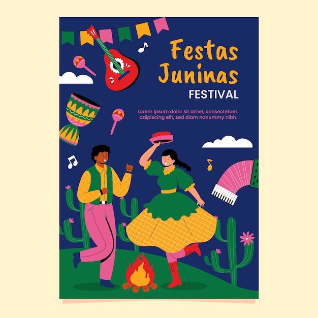 Vector plantilla de póster plano de festa junina dibujado a mano con personajes bailando