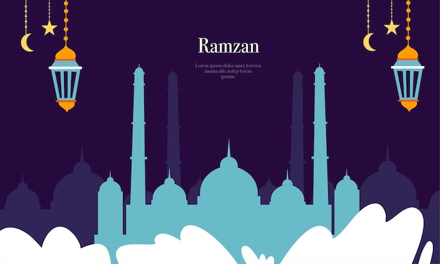 Plantilla de póster ramadan kareem eid-al fitr con letras de adorno y diseño de fondo de vector de mezquita