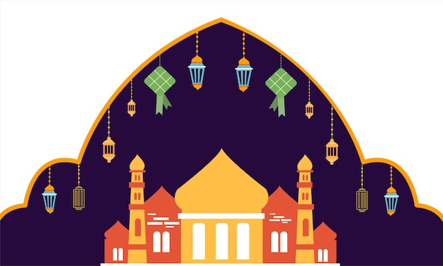 plantilla de póster ramadan kareem eid-al fitr con letras de adorno y diseño de fondo de vector de mezquita