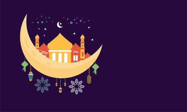 plantilla de póster ramadan kareem eid-al fitr con letras de adorno y diseño de fondo de vector de mezquita