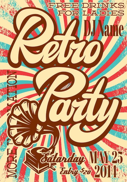 Plantilla de póster retro de color vectorial para fiesta con letras caligráficas