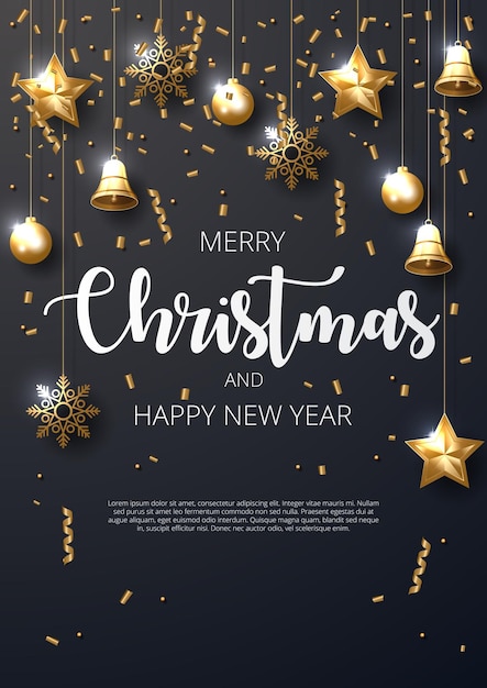 Plantilla de póster vectorial de feliz Navidad con elementos navideños