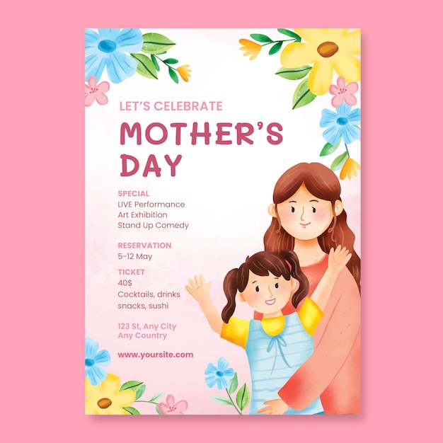 Vector plantilla de póster vertical de acuarela para la celebración del día de la madre