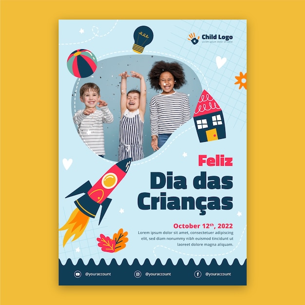 Vector plantilla de póster vertical para la celebración del dia das criancas