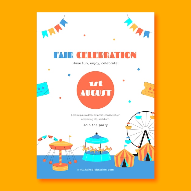 Plantilla de póster vertical de celebración de feria plana