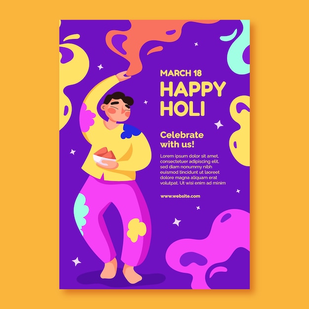 Vector plantilla de póster vertical para la celebración del festival holi