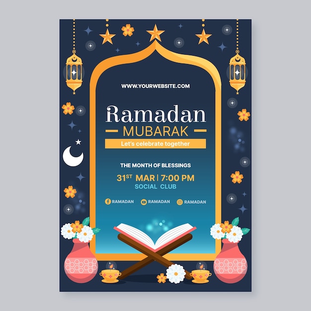 Vector plantilla de póster vertical para la celebración del ramadán islámico