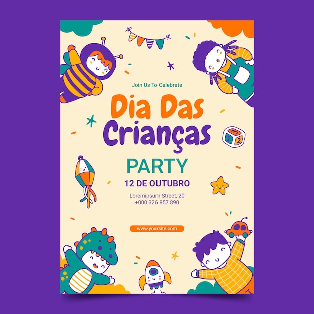 Plantilla de póster vertical dia das criancas dibujado a mano