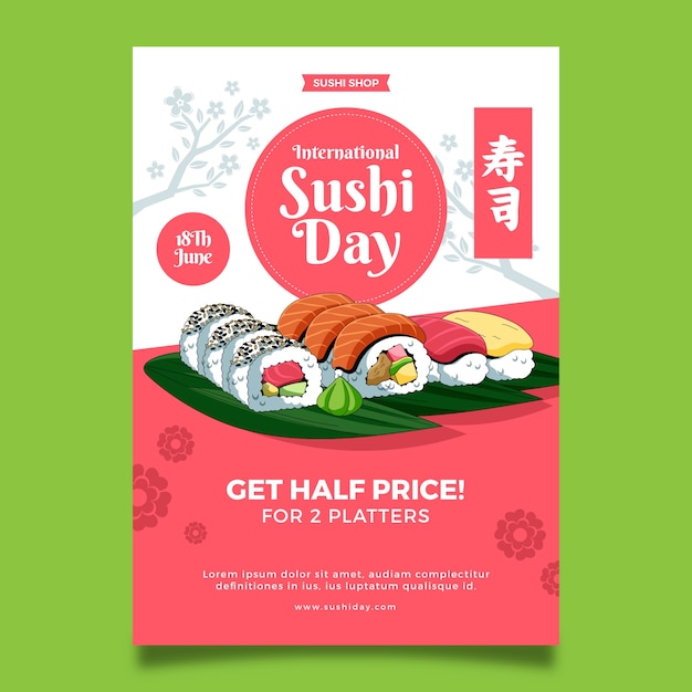 Vector plantilla de póster vertical del día internacional del sushi dibujada a mano