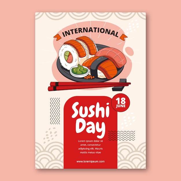 plantilla de póster vertical del día internacional del sushi dibujada a mano