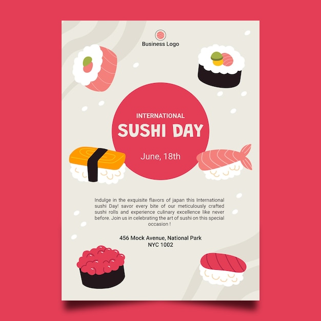 plantilla de póster vertical del día internacional del sushi plano
