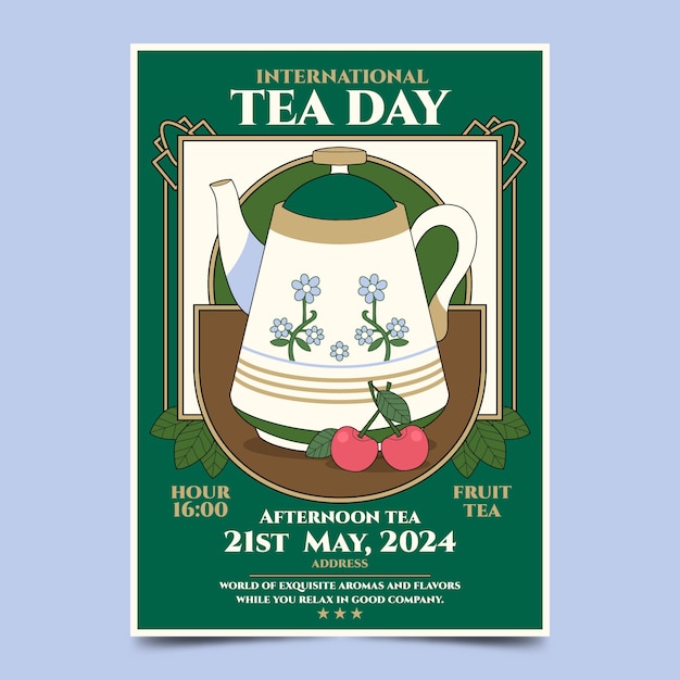 Vector plantilla de póster vertical del día internacional del té dibujada a mano
