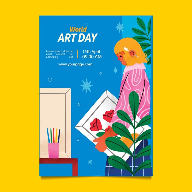 plantilla de póster vertical del día mundial del arte de la acuarela